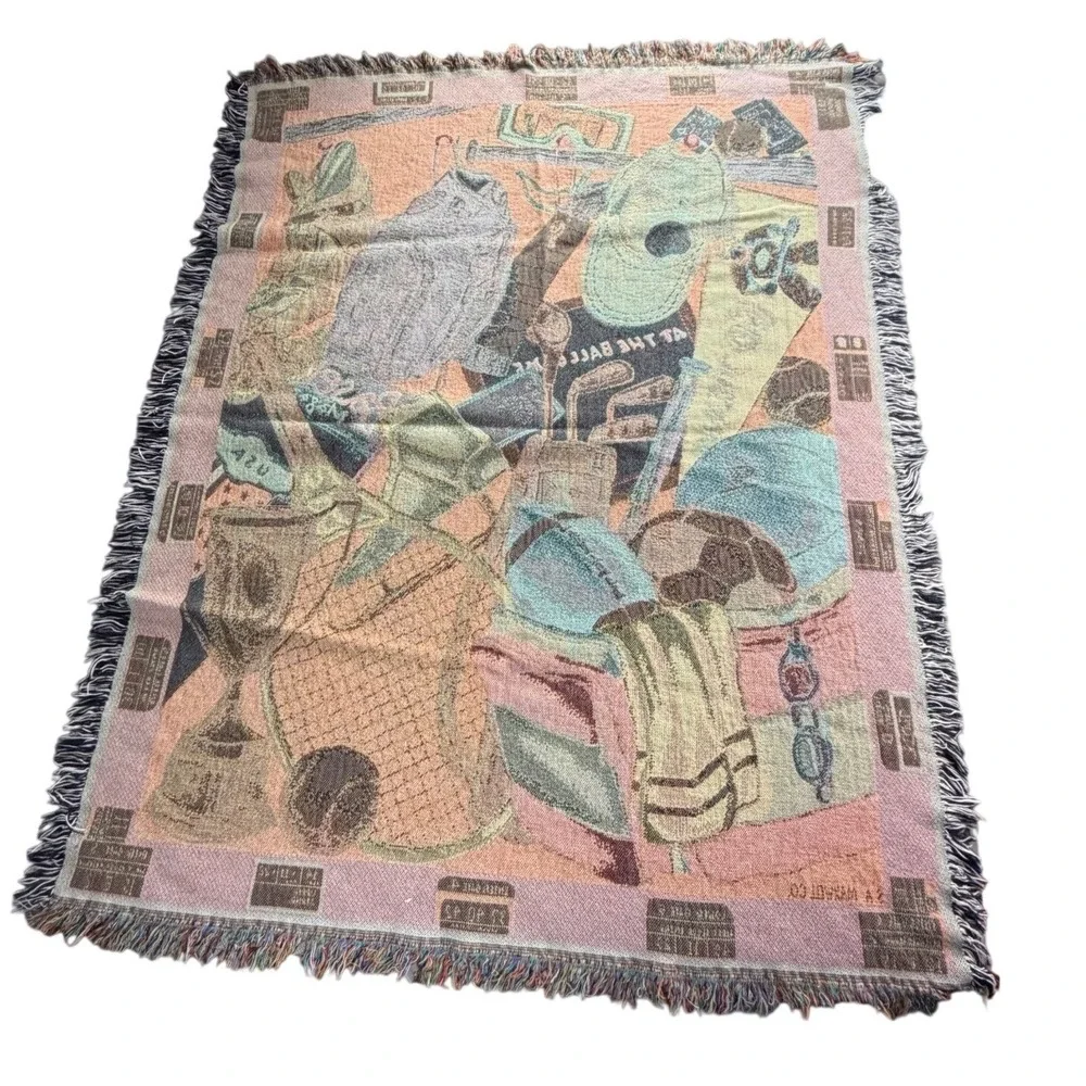 Vintage SA Maxwell Co Sports Woven Tapestry Throw Blanket Fringed Border 52x66